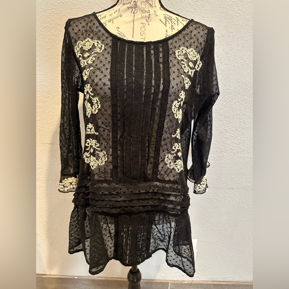 Free People Jocelyn Sheer Mesh Lace Embroidered Tunic Black Size Small - Picture 4 of 10